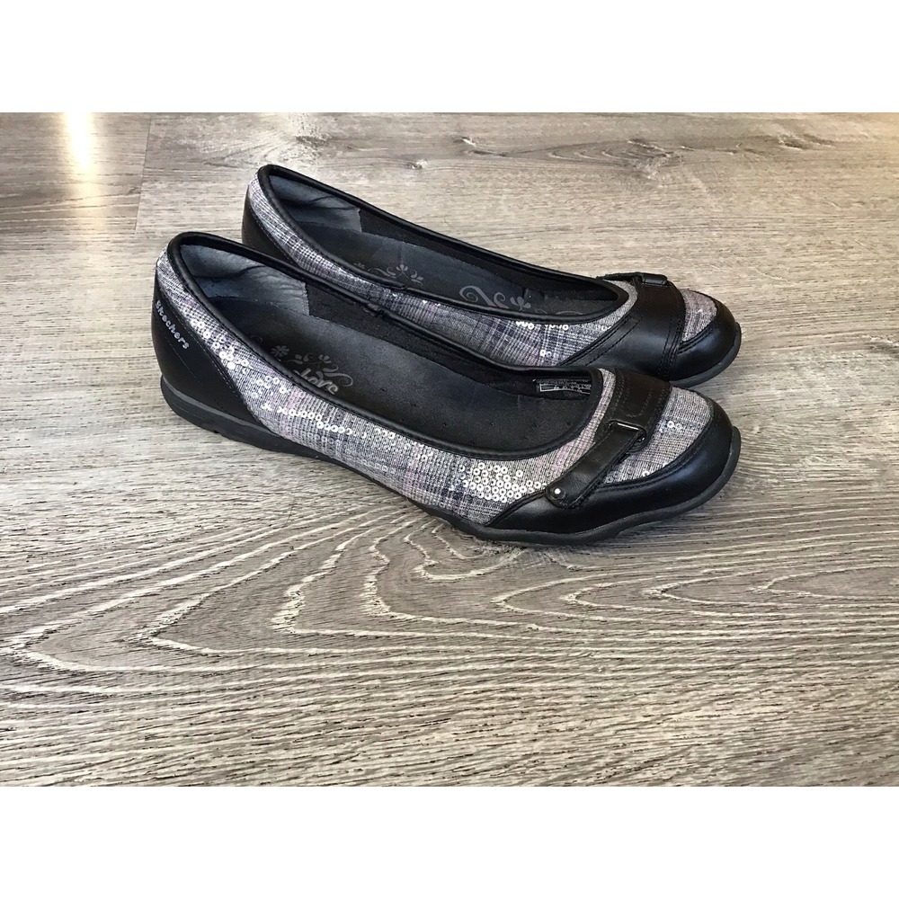 Skechers Black Leather Pewter Sequin Flats Biker Womens Size 10 Shoes #21955